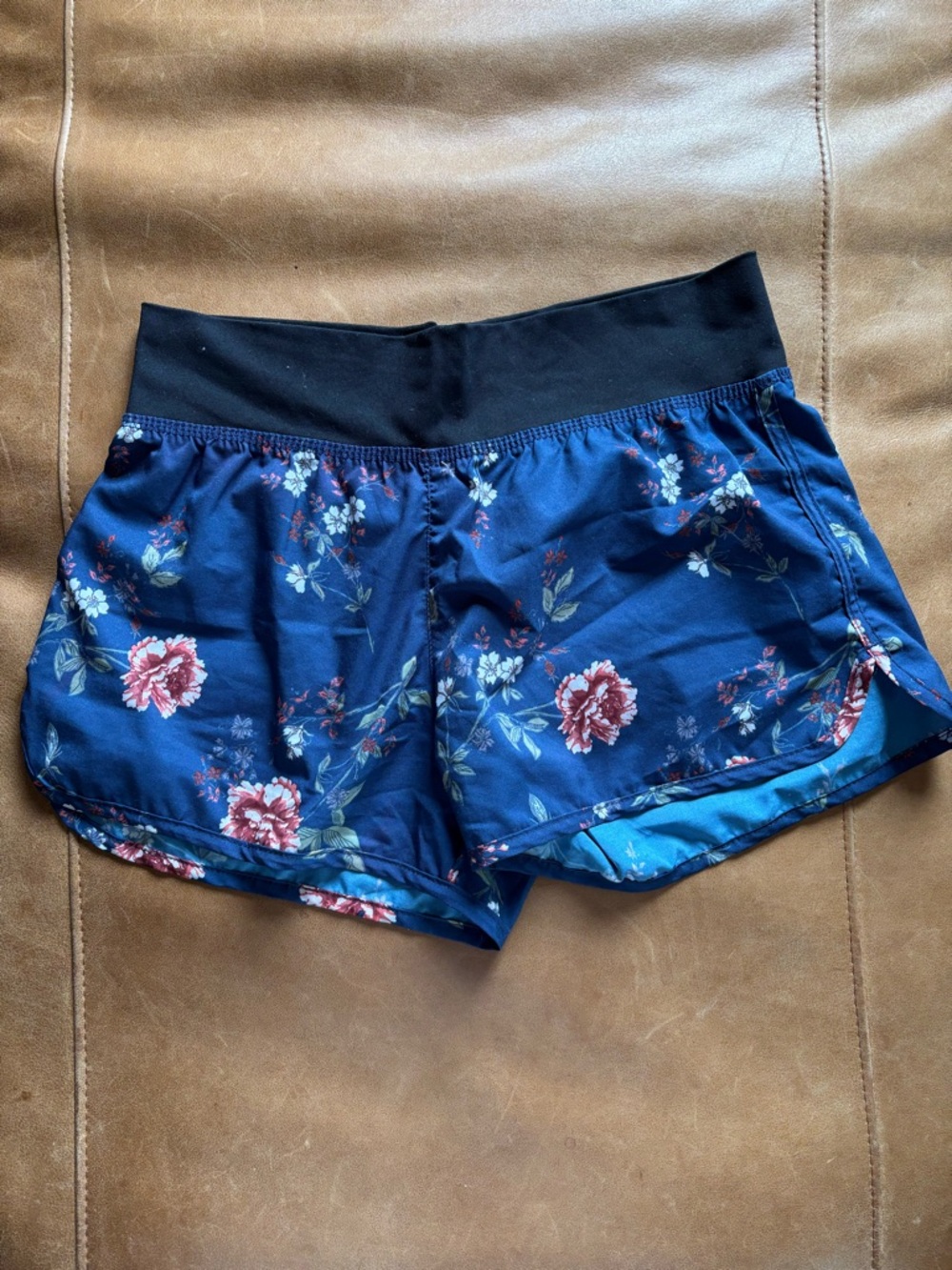 Amazon Women's Athletic Shorts Navy Floral with Black Waistband